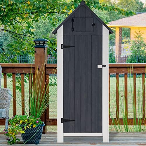 mcombo outdoor storage cabinet with shelves, wooden outside shown in use
