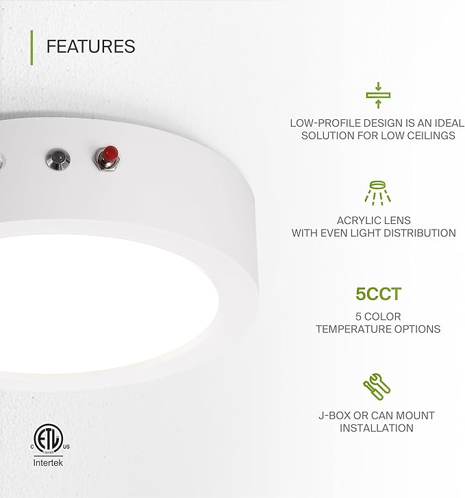 ASD LED 7" Round Flush Mount Ceiling Light Fixture, Low Profile Surface - Image 3
