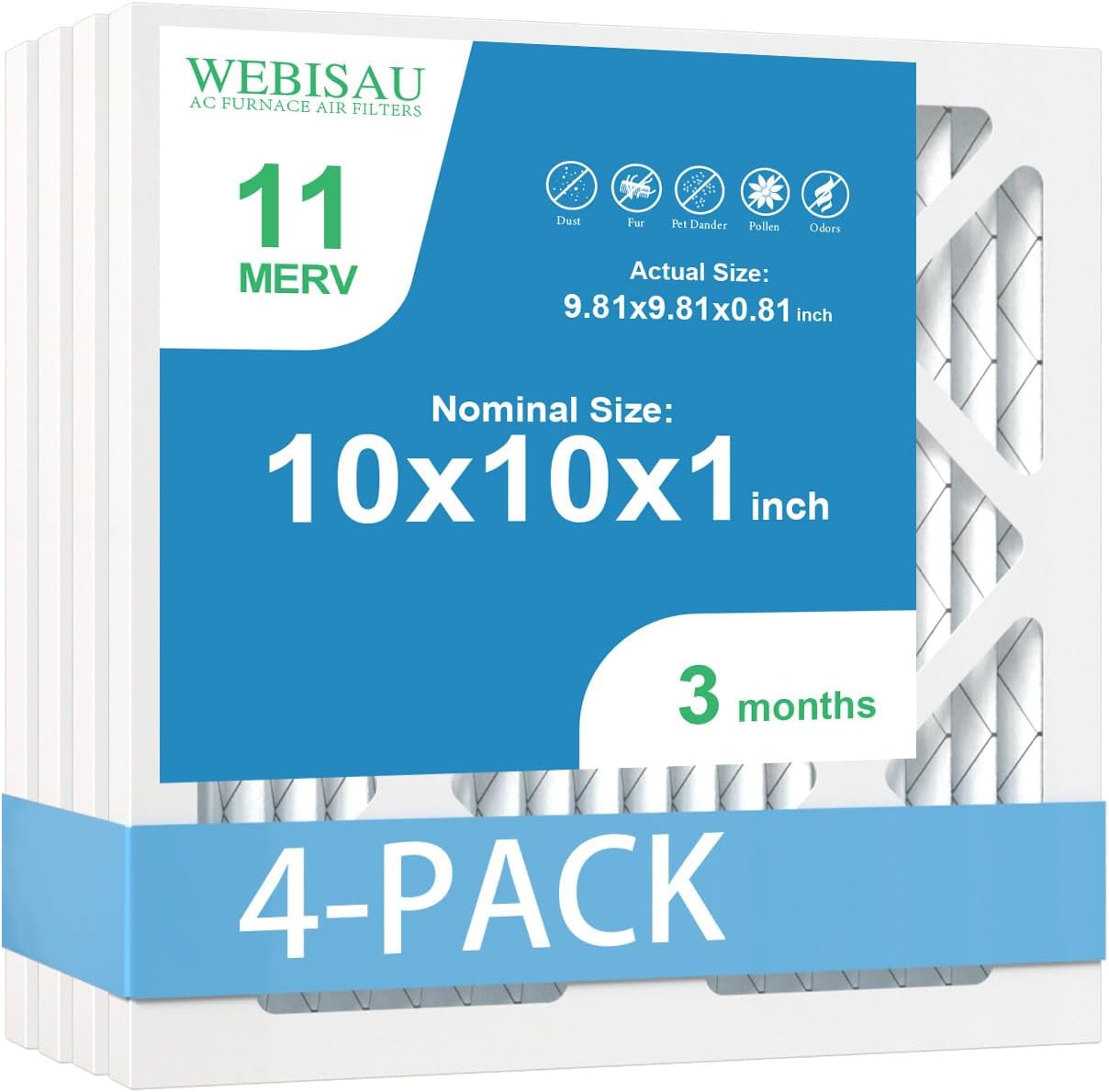 10x10x1 MERV 11 Air Filter 4-Pack for HVAC Furnance | MERV 11/MPR 1000 Air Filter, Traps Pollen/Smoke/Dander (Fits 9.81x9.81x0.81)
