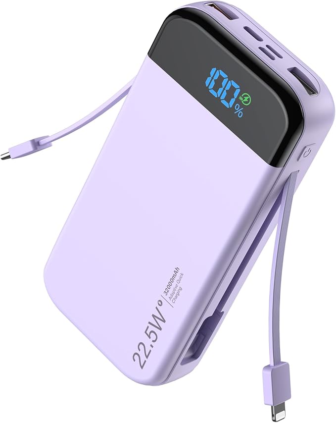 LENGSUM Portable Charger Power Bank Built-in Cables, 32000mAh 22.5W USB C Fast by LENGSUM