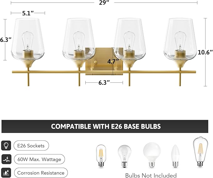 VONLUCE Bathroom Vanity Light, 4 Light Bathroom Light Fixture Over Mirror - Image 5
