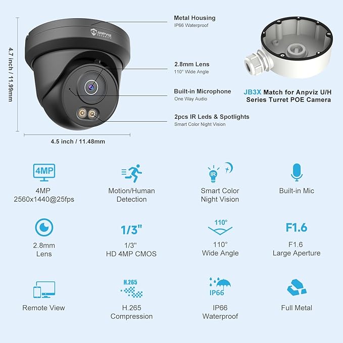 Anpviz 4MP PoE Camera Black, Full Metal Turret Security IP Camera Outdoor Indoor - Image 6
