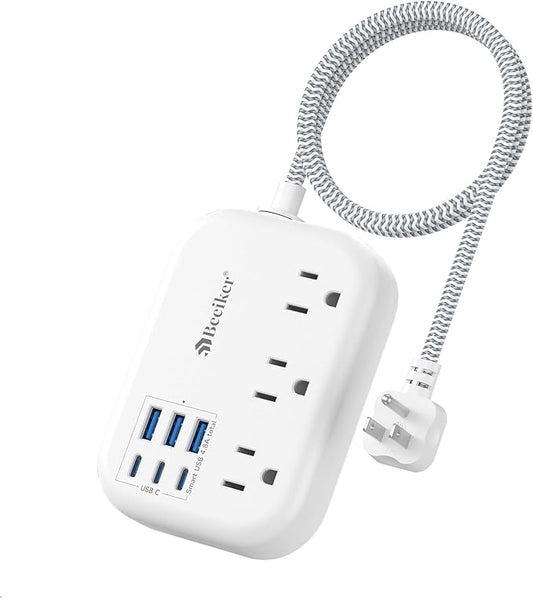 Beeiker Short Extension Cord 2 Foot- 6 USB Travel Power Strip by Beeiker-BetterHelperforYou