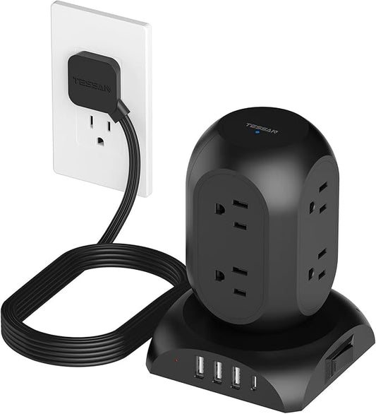 Black Surge Protector Power Strip Tower, TESSAN Flat Plug Extension Cord 10Ft by TESSAN