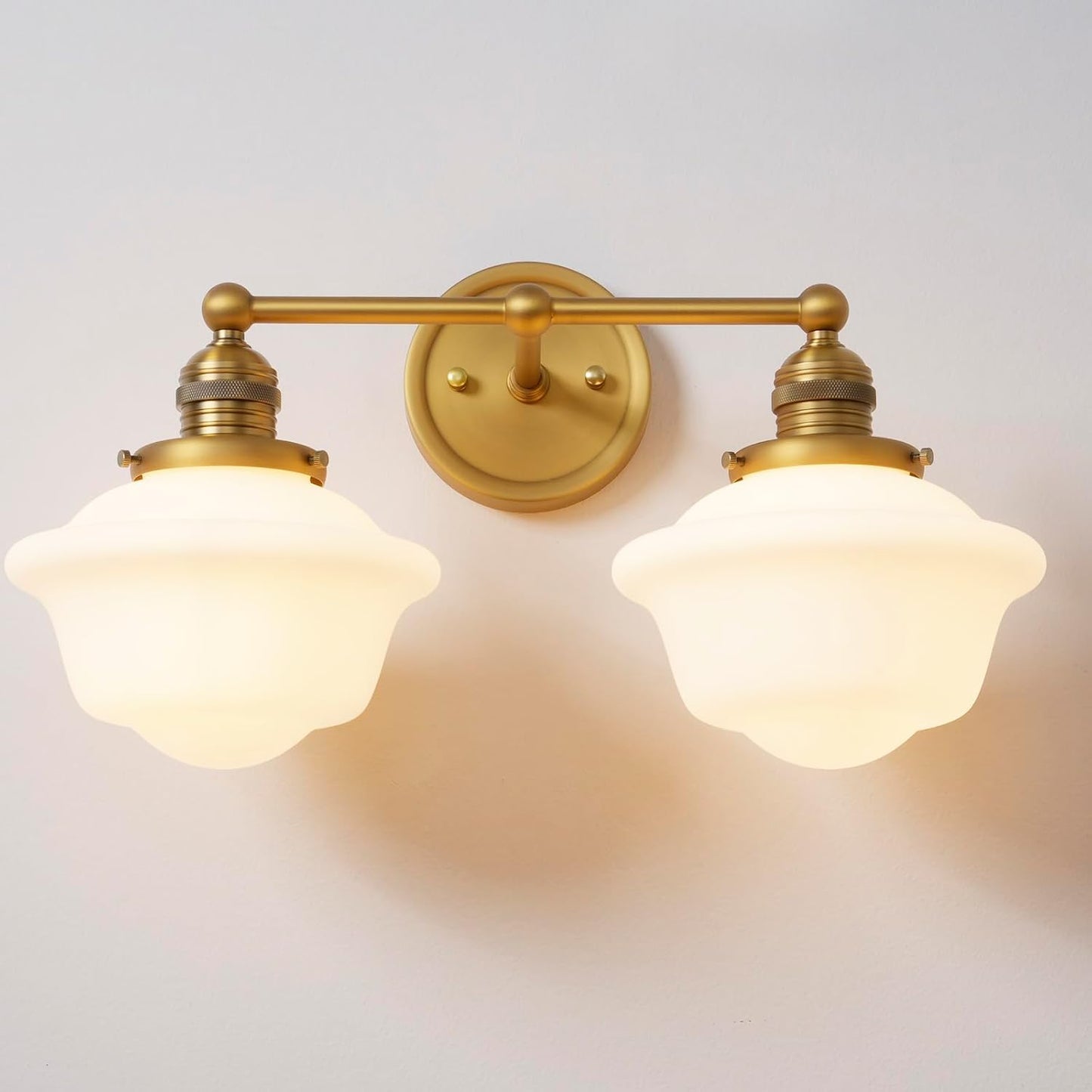 Vintage 2-Lights Wall Sconce Lights Brass Gold Bathroom Vanity Light with Milk Glass Double Sconce Wall Mounted Lamp for Bedroom Living Room Bathroom Mirror Kitchen Hallway Hardwire