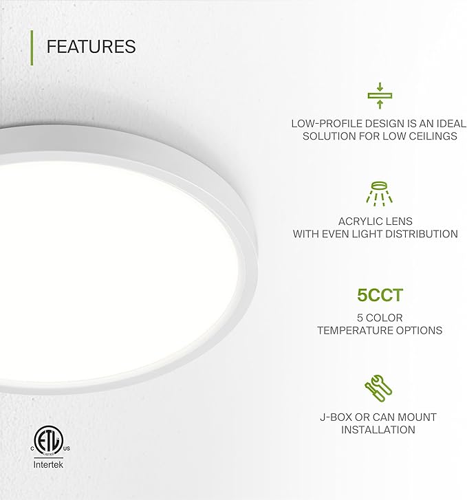 ASD LED 9" Round Flush Mount Ceiling Light Fixture, Low Profile Surface - Image 3