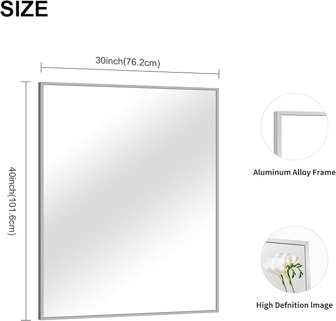 30x40In Silver Bathroom Mirror for Wall, Brushed Nickel Rectangle Mirrors - Image 4