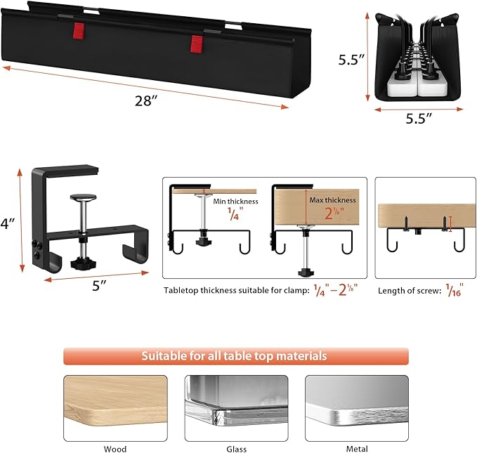 Univivi No Drill Under Desk Cable Management Tray, Clamp/Screw Mount Desk Cable - Image 4