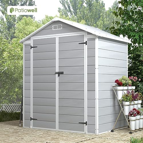 patiowell 6x4 ft resin outdoor storage shed with showing dimensions