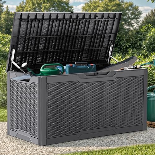 yitahome 100 gallon resin deck box on a desk or shelf