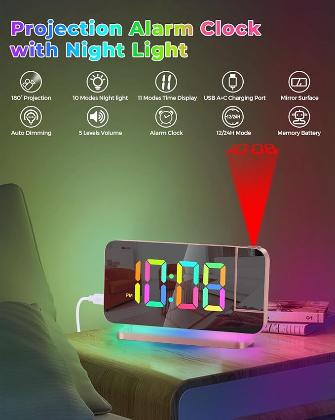 SZELAM Projection Alarm Clock, 7.4 in LED Mirror Digital Clocks Projection on - Image 2
