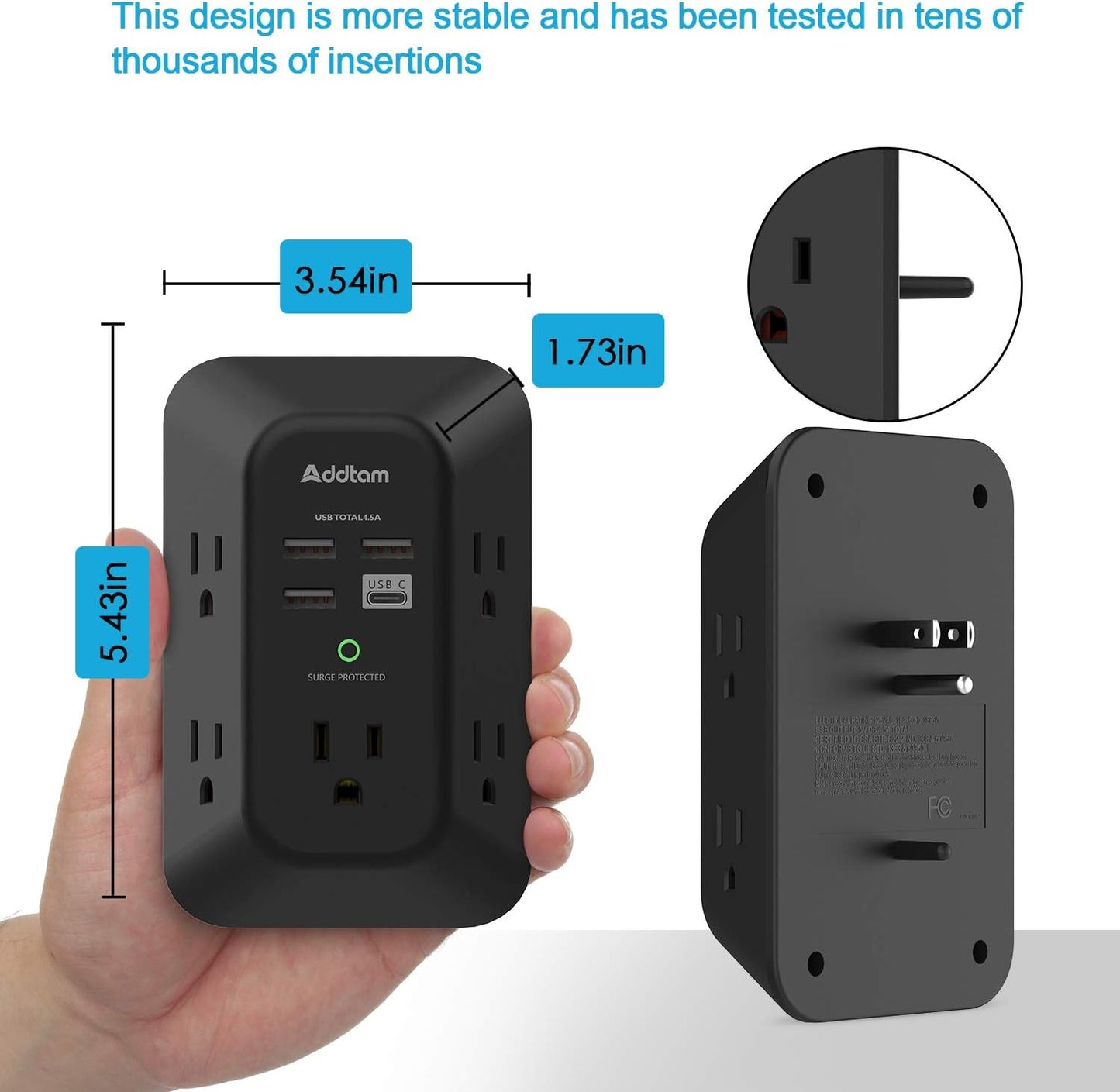 Addtam Surge Protector, Outlet Extender with 5 AC and 4 USB Ports, Black | Multi Plug Wall Outlet, Electric Outlet Splitter, 3-Sided 1800J Power Strip for Home Office Dorm, Easy to Install, Save Space
