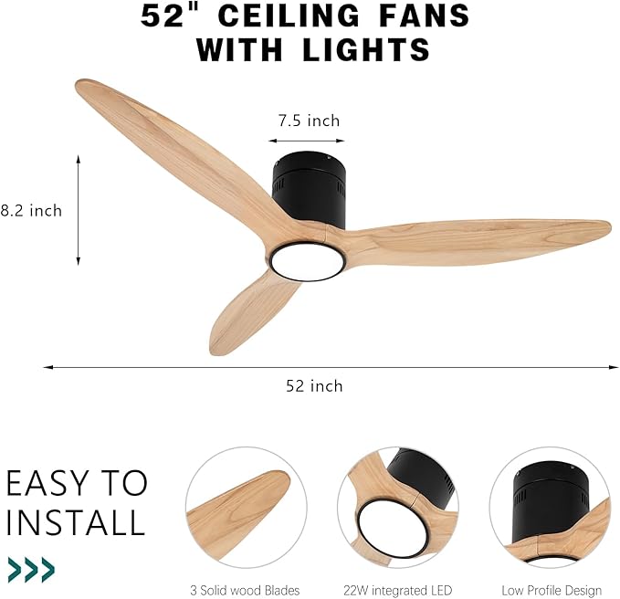 OUATER Wood Flush Mount Ceiling Fan - Image 4