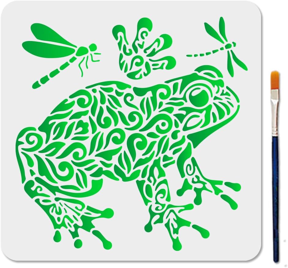 MAYJOYDIY Mandala Frog Dragonfly Stencil Floral Frog Paw Prints Template 11.8x11.8inch Reptile Animal Stencils with Paint Brush Animal Theme Decoration Templates for Wood Wall Window DIY Craft