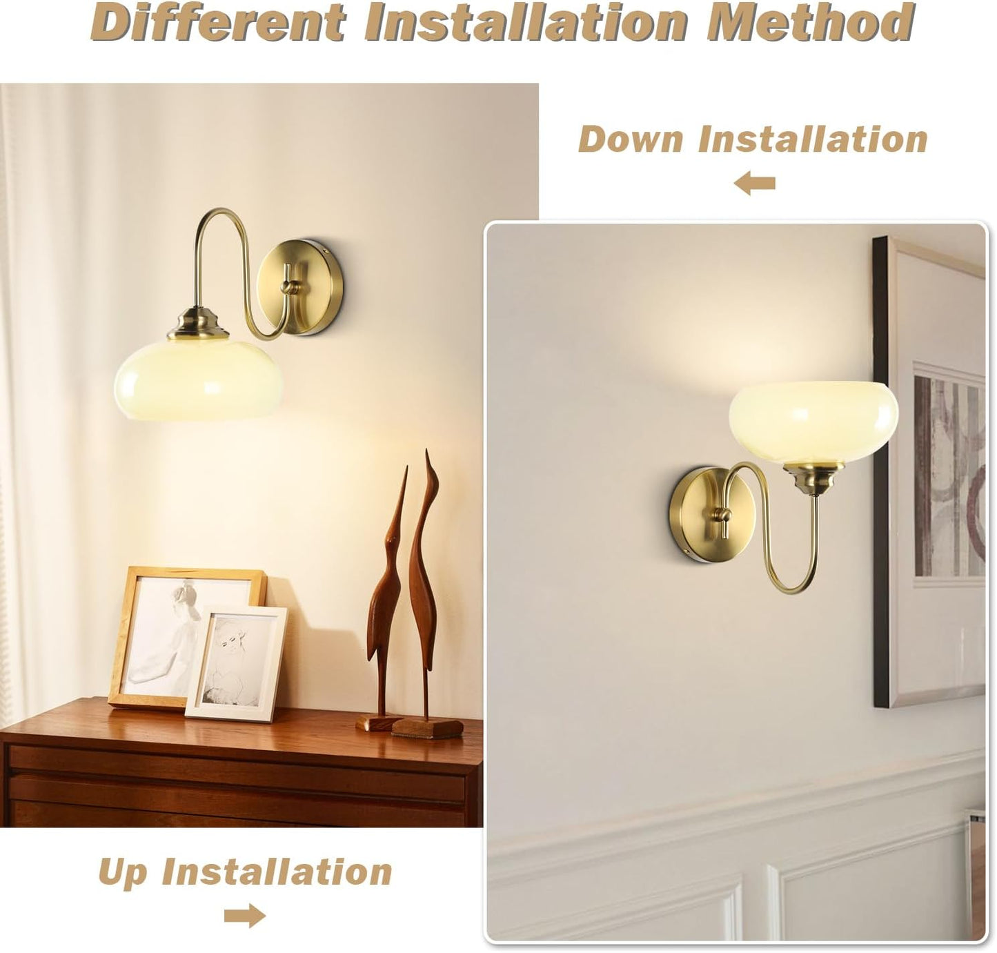 KCO Mid Century Modern Mint Green Dome Glass Wall Sconce with Curved Arm | E26 Base Hardwired, Up/Down Mounted, Vintage Bathroom Vanity Light Fixture, Brass Gold Wall Lamp for Bedroom Hallway Entryway