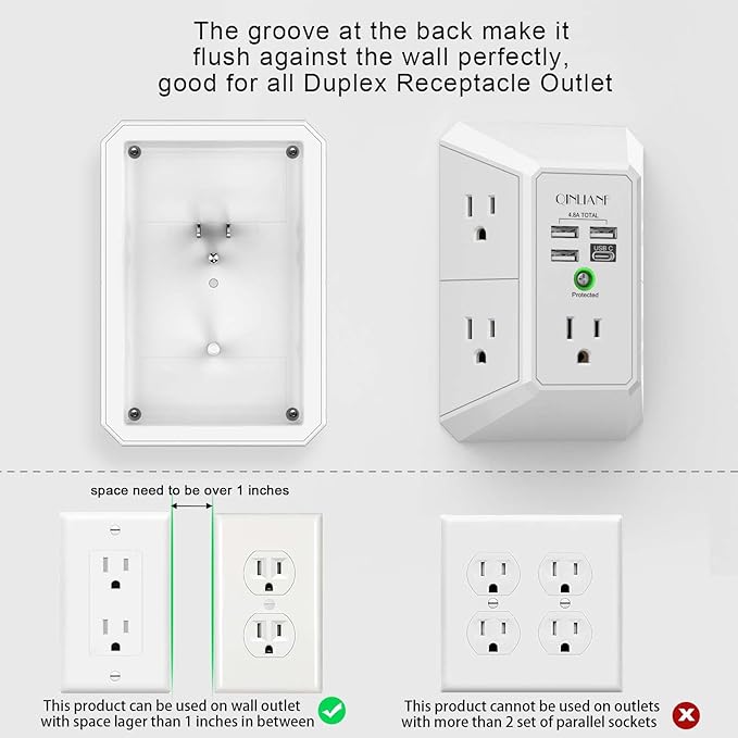 Wall Charger, Surge Protector, QINLIANF 5 Outlet Extender - Image 3