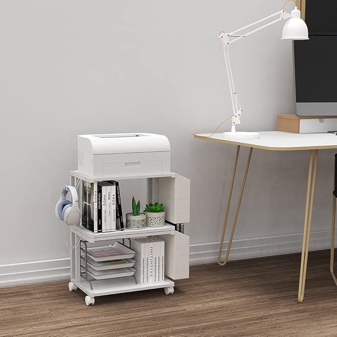 VEDECASA 2 Tier Modern White Wooden Under Desk Printer Stand - Image 5