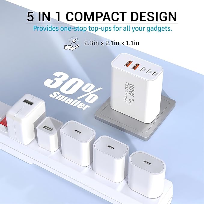 USB C Charger Block, 60W 5 Ports USBC Wall Charger Plug Fast Charging, iPhone - Image 6