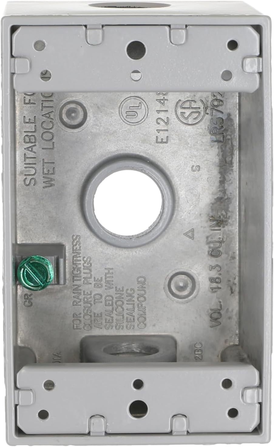 BELL 1-Gang Weatherproof Box, Three 1/2 in. Threaded Outlets, Gray | Die-Cast Aluminum, NEMA 3R, UL Listed, CSA Certified, Single Gang Weatherproof Box, Includes Ground Screw, Threaded Outlets