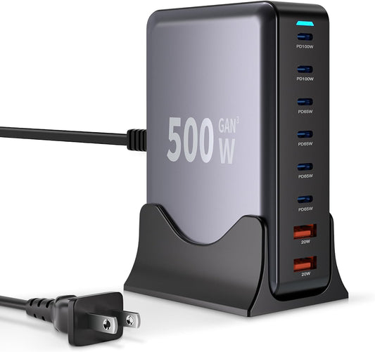 500W USB C Charger Block, GaN3 Charging Station 8-Port Fast USB Charger Block
