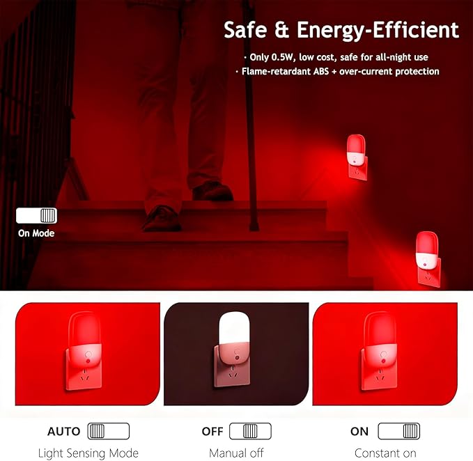 670nm Red Light Night Light for Sleep Therapy, 2 Pack Auto On/Off Dimmable - Image 6