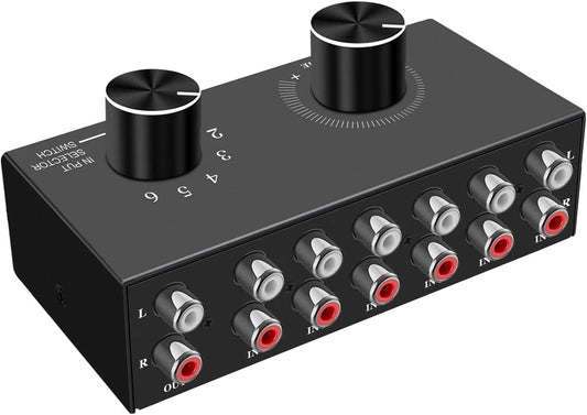 6-Way Audio Switcher, Right and Left Channel Stereo Audio Switcher, Plug & Play