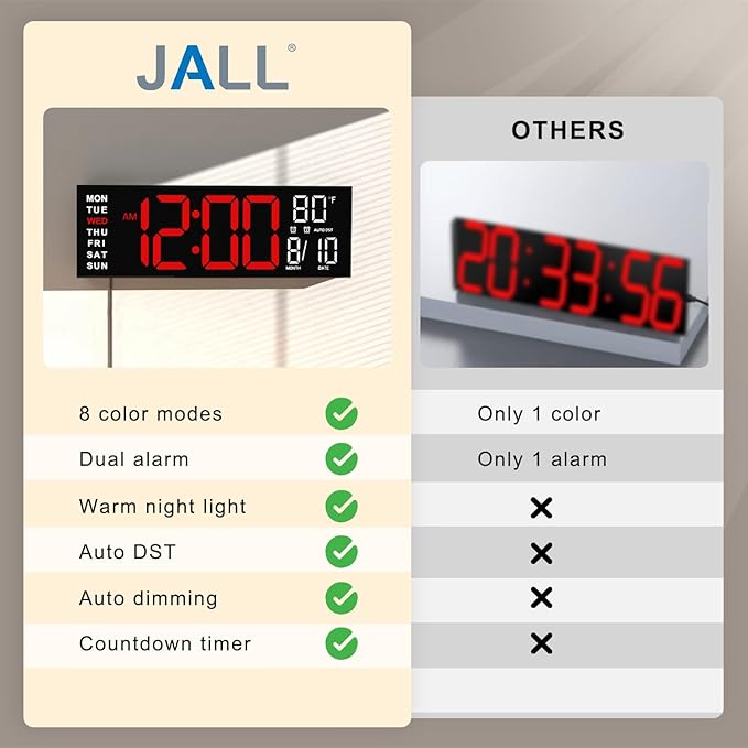 JALL 16" Large Digital Wall Mount Clock, Count Down Timer, Big LED, RGB Color - Image 8