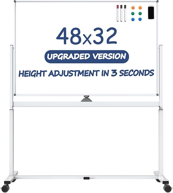 White Board on Wheels, 48 x 32 Inches Height-Adjustable Large Rolling Whiteboard by Tankee
