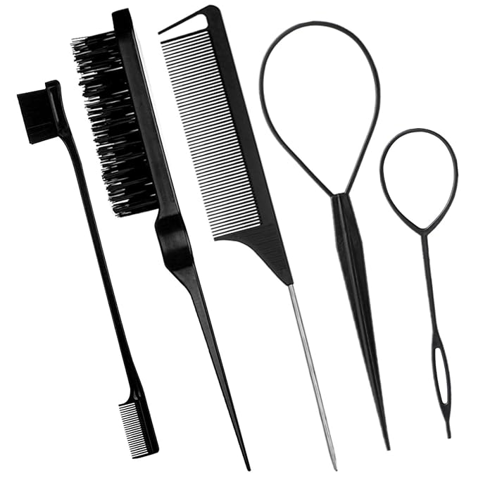 5Pcs Slick Back Brush Set with Topsy Tail Tool, Teasing Bristle, Rat Comb by Chayumda