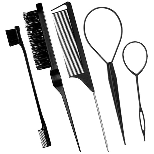 5Pcs Slick Back Brush Set with Topsy Tail Tool, Teasing Bristle, Rat Comb by Chayumda