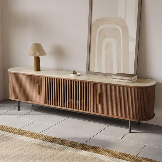 POVISON Fully-Assembled Sliding Tambour Door TV Stand, Mid Century Modern by POVISON