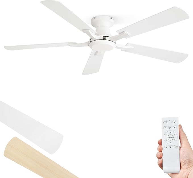 ZMISHIBO 52 Inch Ceiling Fan No Light, Flush Mount Low Profile, Modern White by ZMISHIBO
