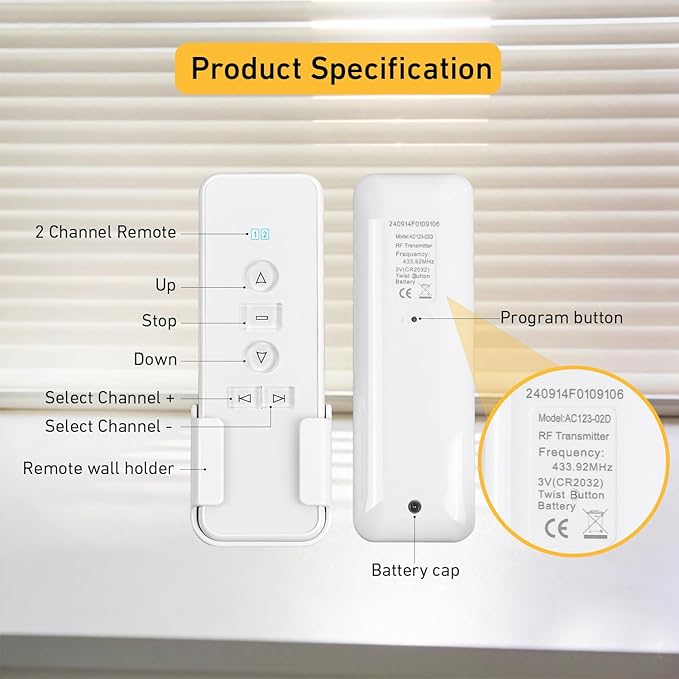 AC123-02 2 Channel Controller, RF433.92 Transmitter, Motorized Roller Shade - Image 3