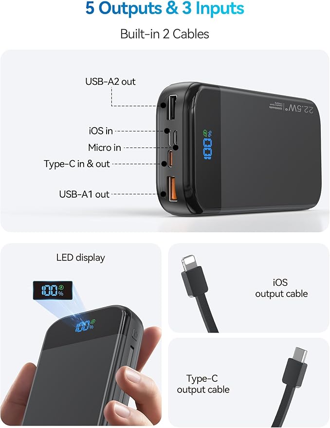 LENGSUM Portable Charger Power Bank Built-in Cables, 32000mAh 22.5W USB C Fast - Image 4