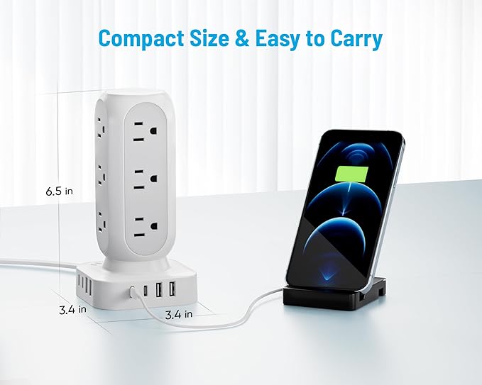 Flat Plug Power Strip Tower 10FT, 40W Total Fast Charging Station, Dual PD 20W - Image 6