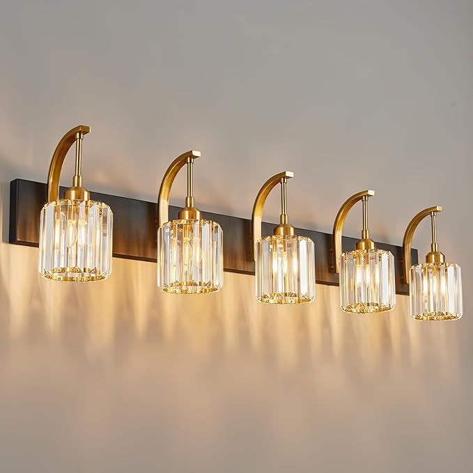 FDPBY 5-Light Crystal Vanity Light, Modern Black Gold Bathroom Wall Sconce by FDPBY