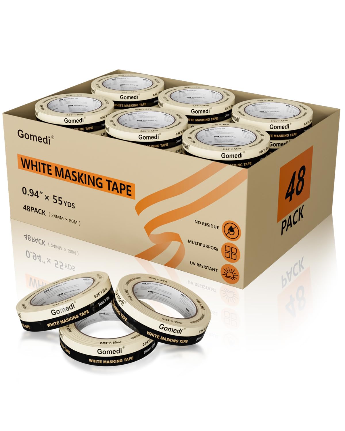48 Rolls Masking Tape Bulk - 1 Inch Beige Tape General Purpose | UV & Heat Resistant, Removes Cleanly - 0.94 in x 55 Yd Roll, Total 2640 Yds - Crisp Lines for Art, Drafting & Crafts