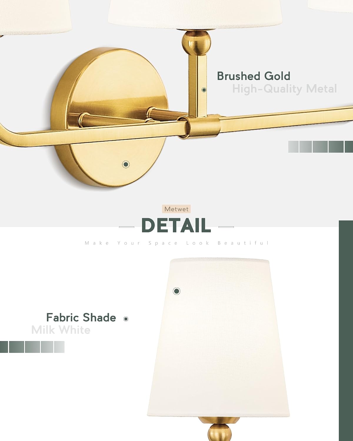 3-Light Brushed Gold Bathroom Vanity Light, White Fabric Shades | 24.5" bathroom light fixtures over mirror, upward only, E26 base, bulbs not included, VL837-BG-3