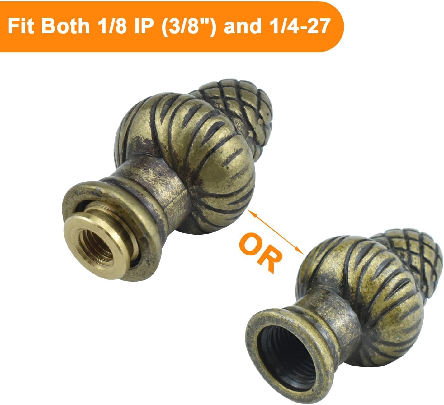 Bronze Brass Solid Lamp Finial Cap Knob Retro Lamp Finial Decoration with Dual-Thread Screw for Lamp Shade Holder Harp Tops, Fit Both 1/8 IP(3/8") and 1/4-27, 2 Pack
