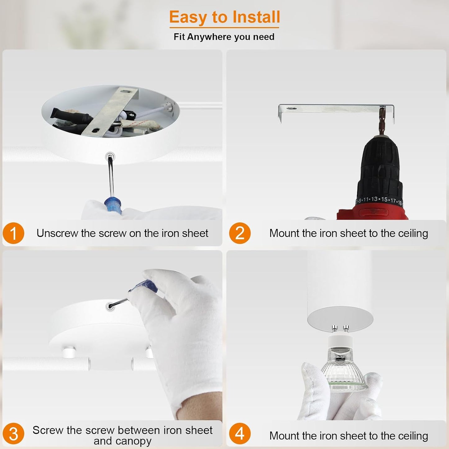 Plug in Track Lighting LED, Track Lighting Fixtures Ceiling, White 4-Light Kitchen Light Kit, Plug in Wall Light with 14.8ft Power Cord, Rotatable Ceiling Spotlight for Bedroom(GU10 Socket, NO Bulb)