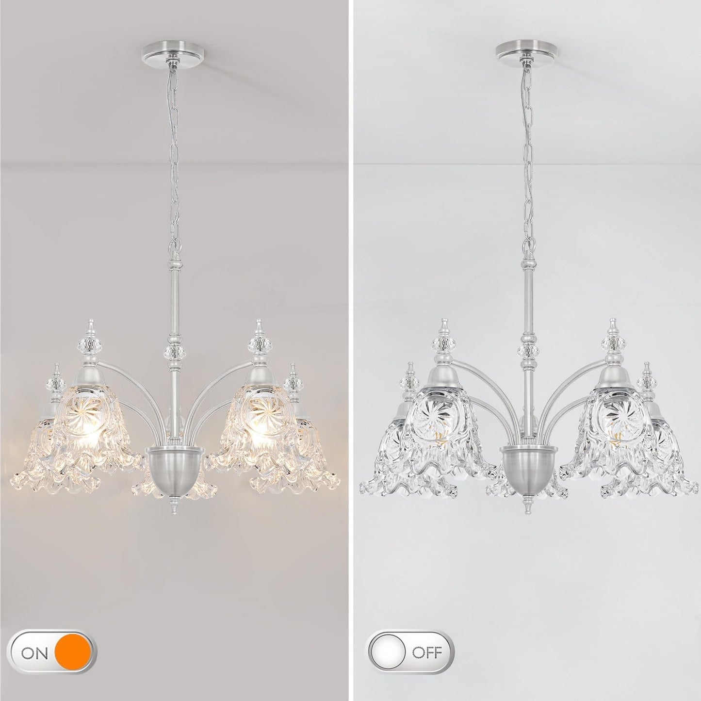 Vintage 5 Light Chandelier, Brushed Nickel Dining Room Light Fixtures Over Table, Farmhouse Glass Chandelier Ceiling Light Fixture for Kitchen, Dinning, Foyer, Bathroom, Living Room