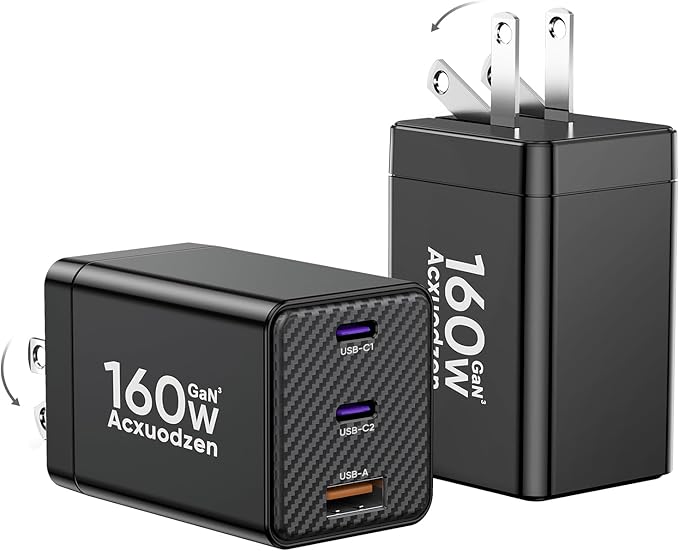 USB C Charger Block 160W, 3-Port GaN Super Fast Charger, Dual 65W Type C by Acxuodzen