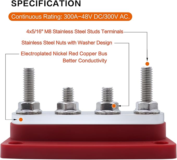 AMOMD 300A PowerBars 4 Terminal Studs M8 Nickel Plated Copper Distribution - Image 2