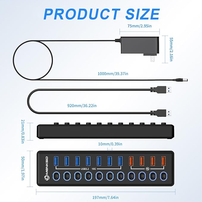 Powered USB Hub, MENKSID 11-Port USB Hub, 7 USB 3.2 Data Transfer Ports + 4 - Image 7