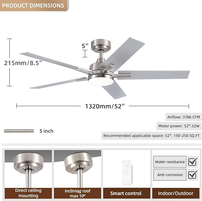 SODSEA Ceiling Fans with Lights, 52 inch Nickel Ceiling Fan with Light and - Image 2