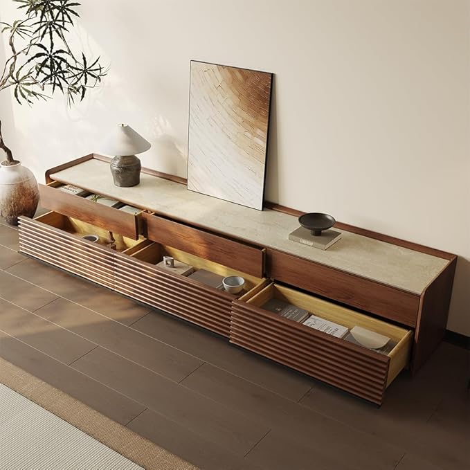 POVISON Fully-Assembled Mid Century Matte Sintered Stone TV Stand, 94.49" Wood - Image 7