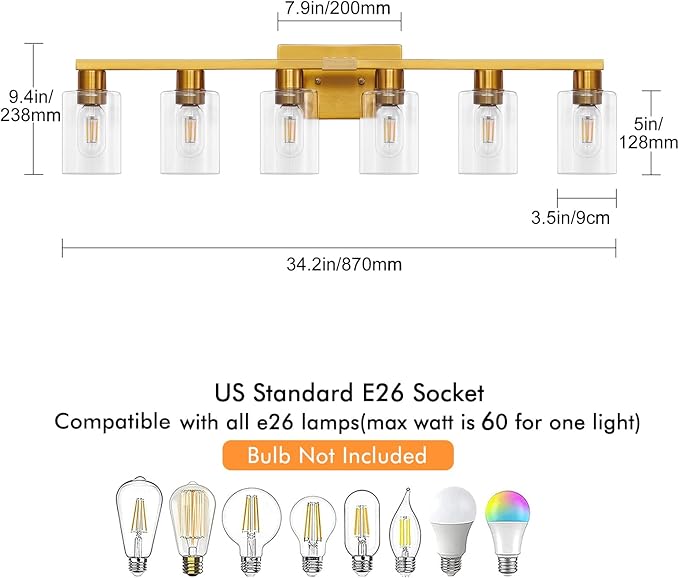 6 Light Bathroom Light Fixtures, Large Gold Bathroom Vanity Light - Image 3