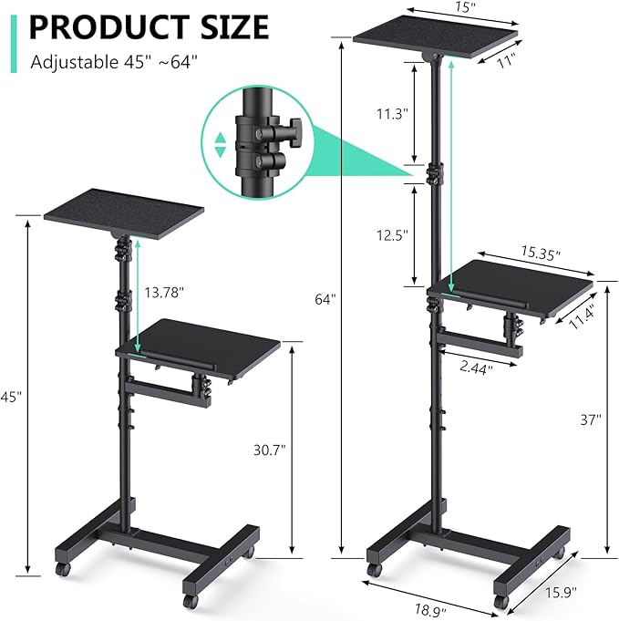 Projector Stand Tripod: 2 Shelves Mobile Laptop Cart Adjustable Height 45 to 64 - Image 5