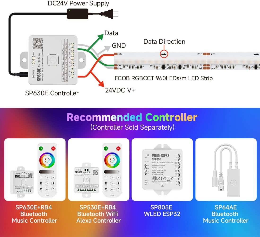 BTF-LIGHTING 16.4FT WS2811 Dual IC Chasing RGBCCT DC24V COB LED Strip Light | UL Listed High Density 960LEDs/m Chasing IC RGB Light+Tunable White 3000K-6000K,12mm Width 3M Tape(No Adapter or Controller)