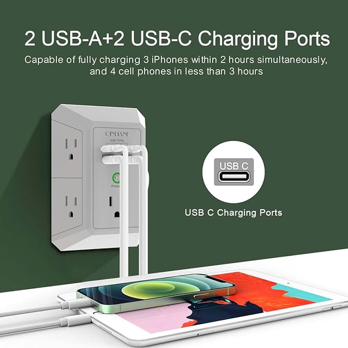 USB Wall Charger, Surge Protector, QINLIANF 5 Outlet Extender - Image 3
